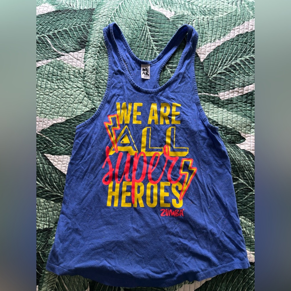 Zumba Fitness Blue Tank Top with Yellow & Red Graphic